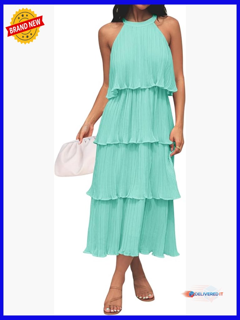 Sleeveless Halter Neck Ruffle Tiered Chiffon Swing Midi Dress Summer